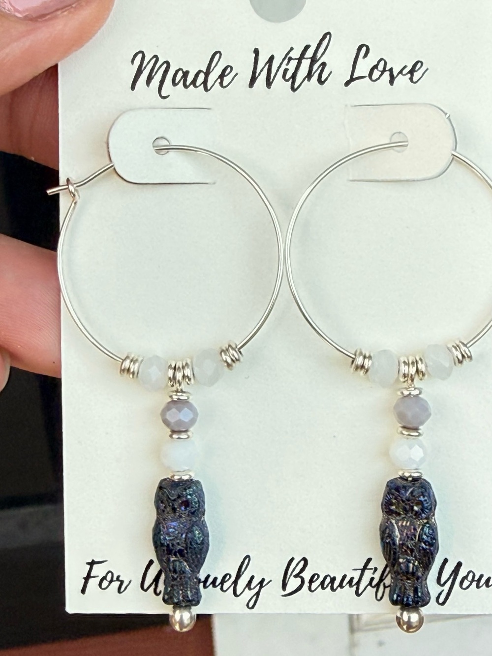 Hand Crafted Sterling Silver Hoops with Iridescent Czech Glass Owl Charms
